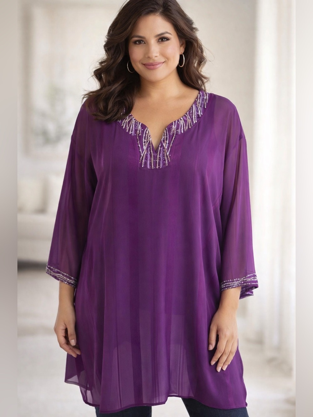 Maggie Barnes Tunic Top Sz 3X Purple Sheer Glamour Beaded 3/4 Sleeves Shiny